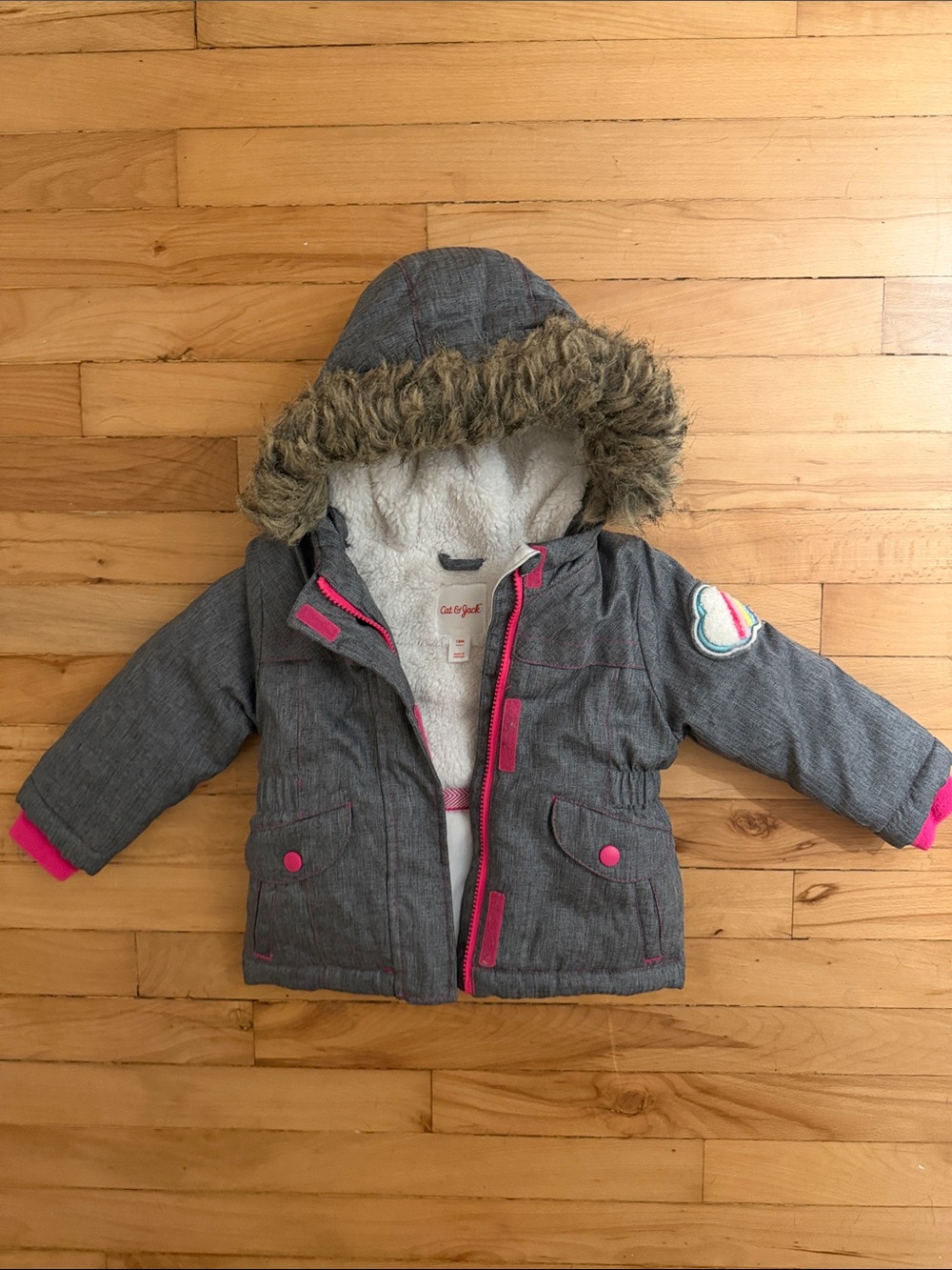 Cat & Jack Girls' Gray Hooded Winter Jacket with Pink Trim
